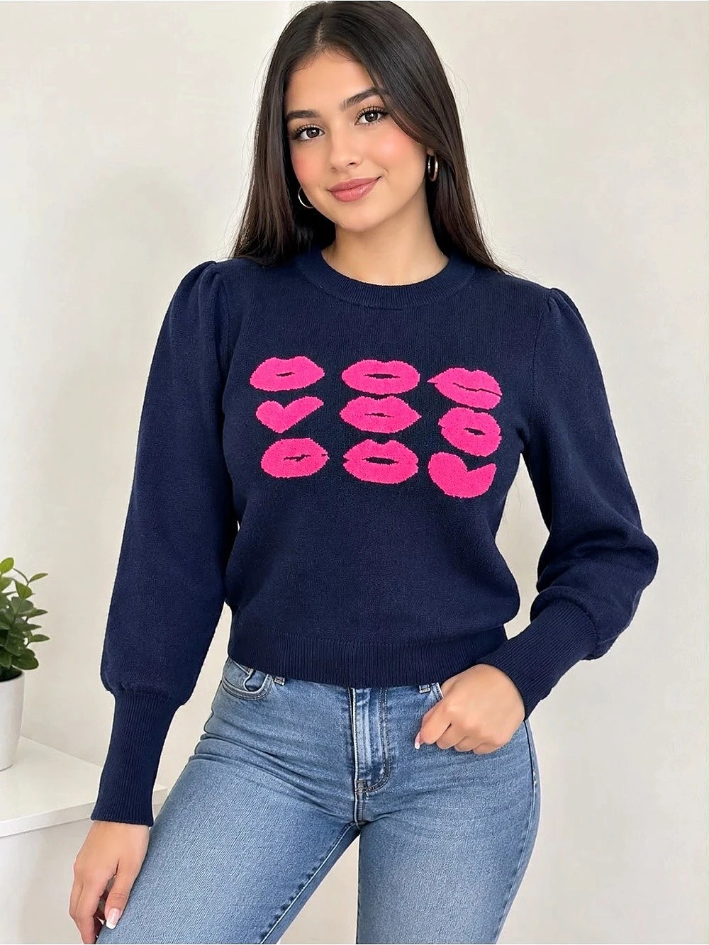 Nanette Lepore Lip Graphic Crewneck Sweater in Blue & Pink Size XS NWT